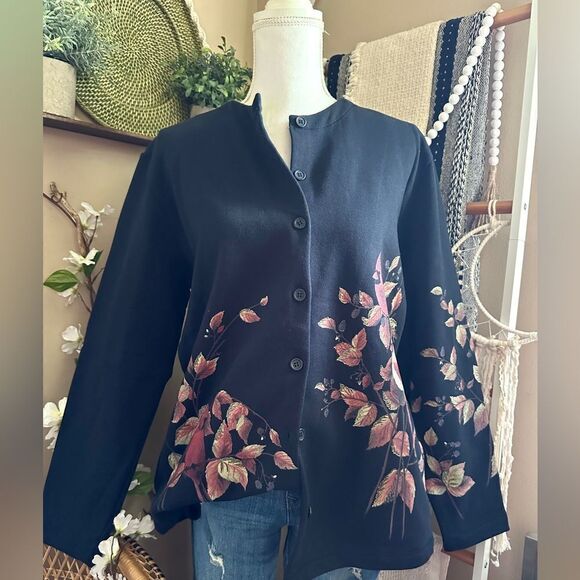 New with tags VTG Deadstock Artisans Inc. Black Cardinal Leaves Cardigan Sweater - Picture 3 of 11